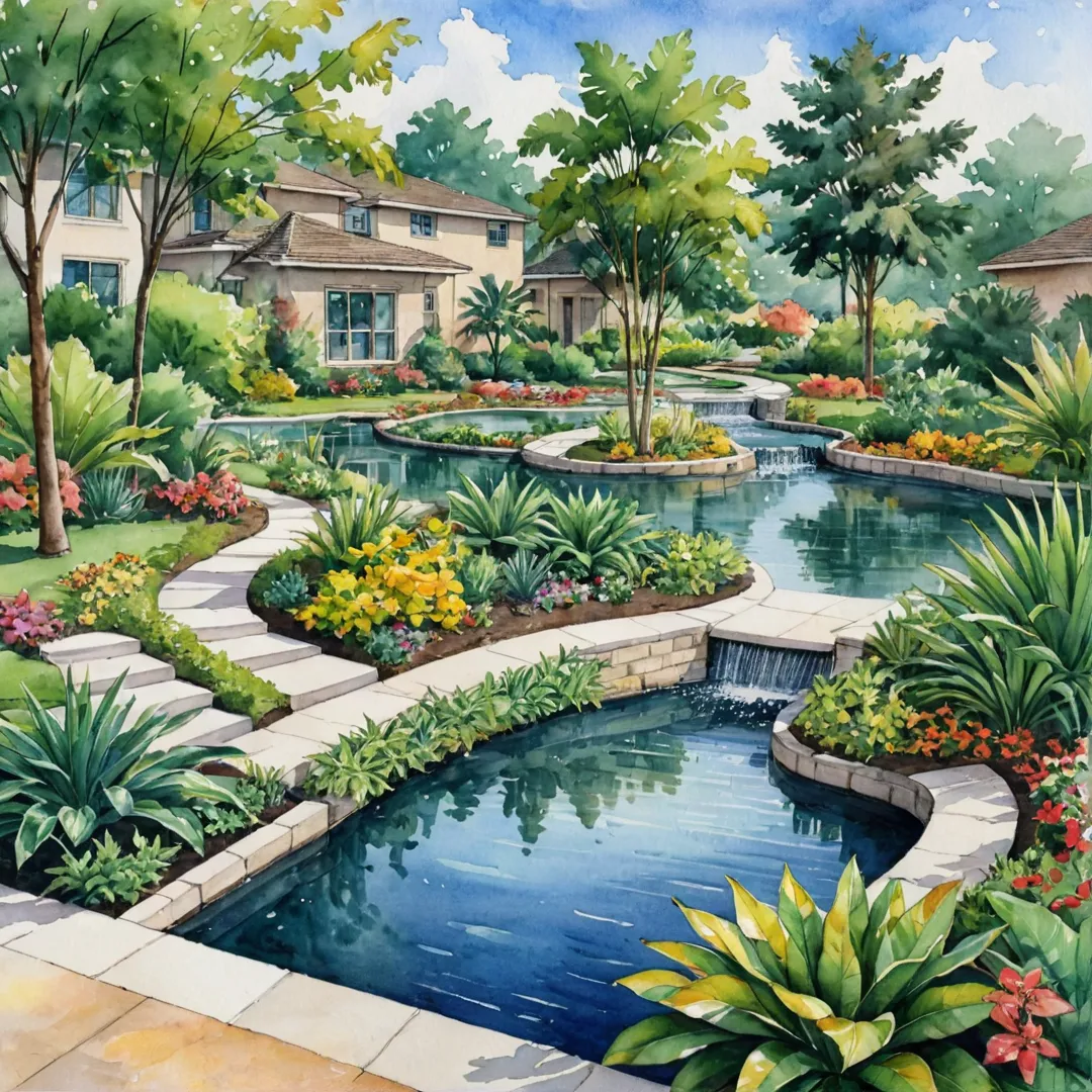 eaceful residential community, green spaces, tropical plants, serene environment, sustainable practices, stormwater management, rain gardens, water supply distribution, sanitary sewer system, rainwater harvesting, diverse housing options.