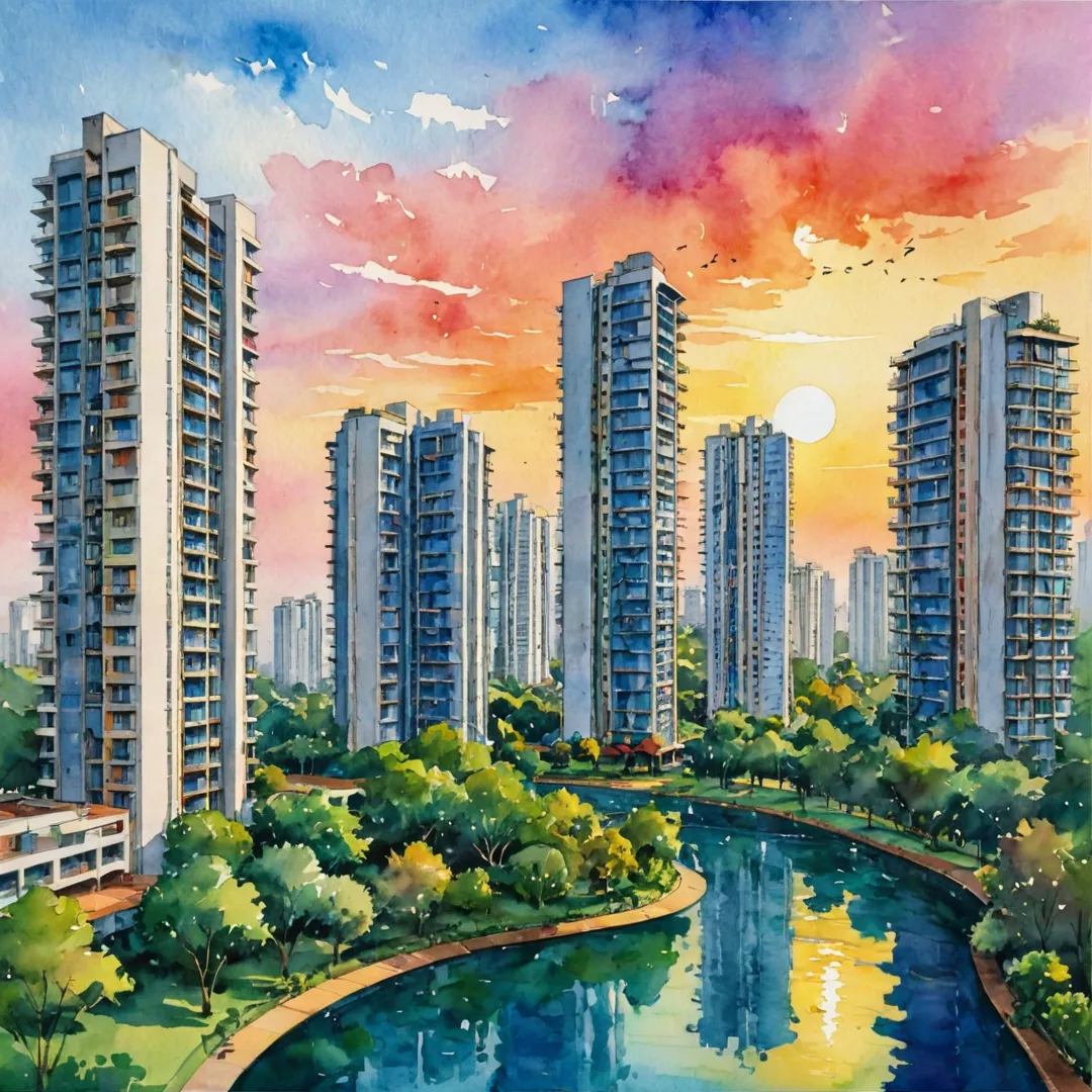 unset skyline view, Bangalore cityscape, modern high-rise buildings, vibrant colors, lush greenery, sustainable development, futuristic architecture, luxury living, Alita residential project.