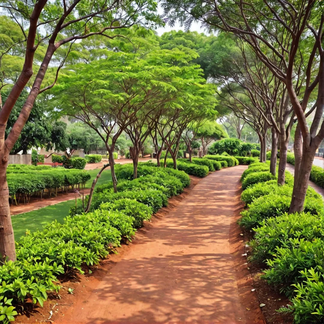 ed soil, green growth, sustainable living, agriculture, landscaping, community garden, lush plants, tranquil environment, tree-lined walkways, Jacaranda Mimosifolia, Tree-Mimusops Elengi, Albizia Lebbeck, Lagerstroemia Speciosa, Purple Flowers, natural resources, Bangalore East.