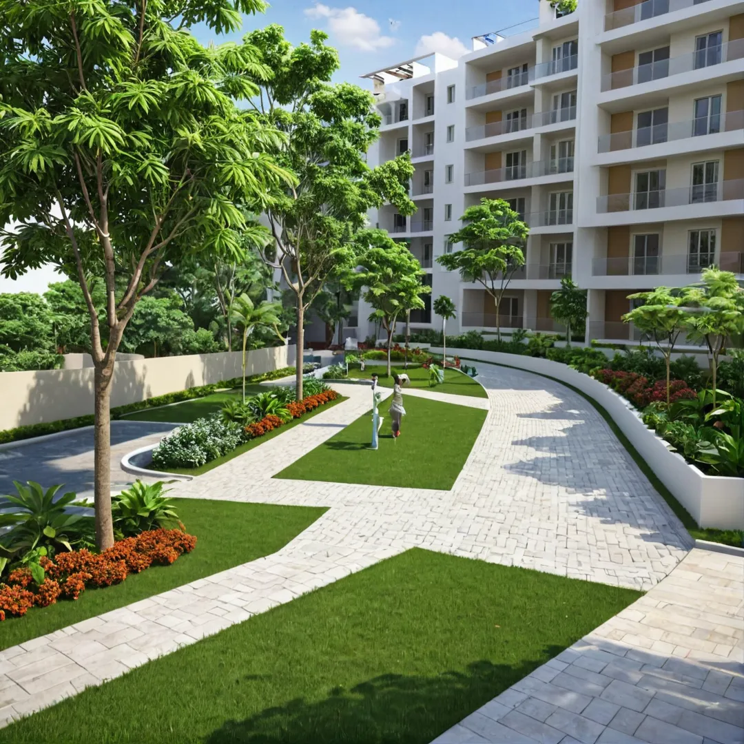 etailed rendering of a modern residential project in Bangalore East, showcasing accessibility and safety features. The design highlights lush green spaces, pedestrian-friendly walkways, and underground utilities, creating a harmonious living environment. Streetlights, electrical outlets, and stormwater management systems are prominently featured.