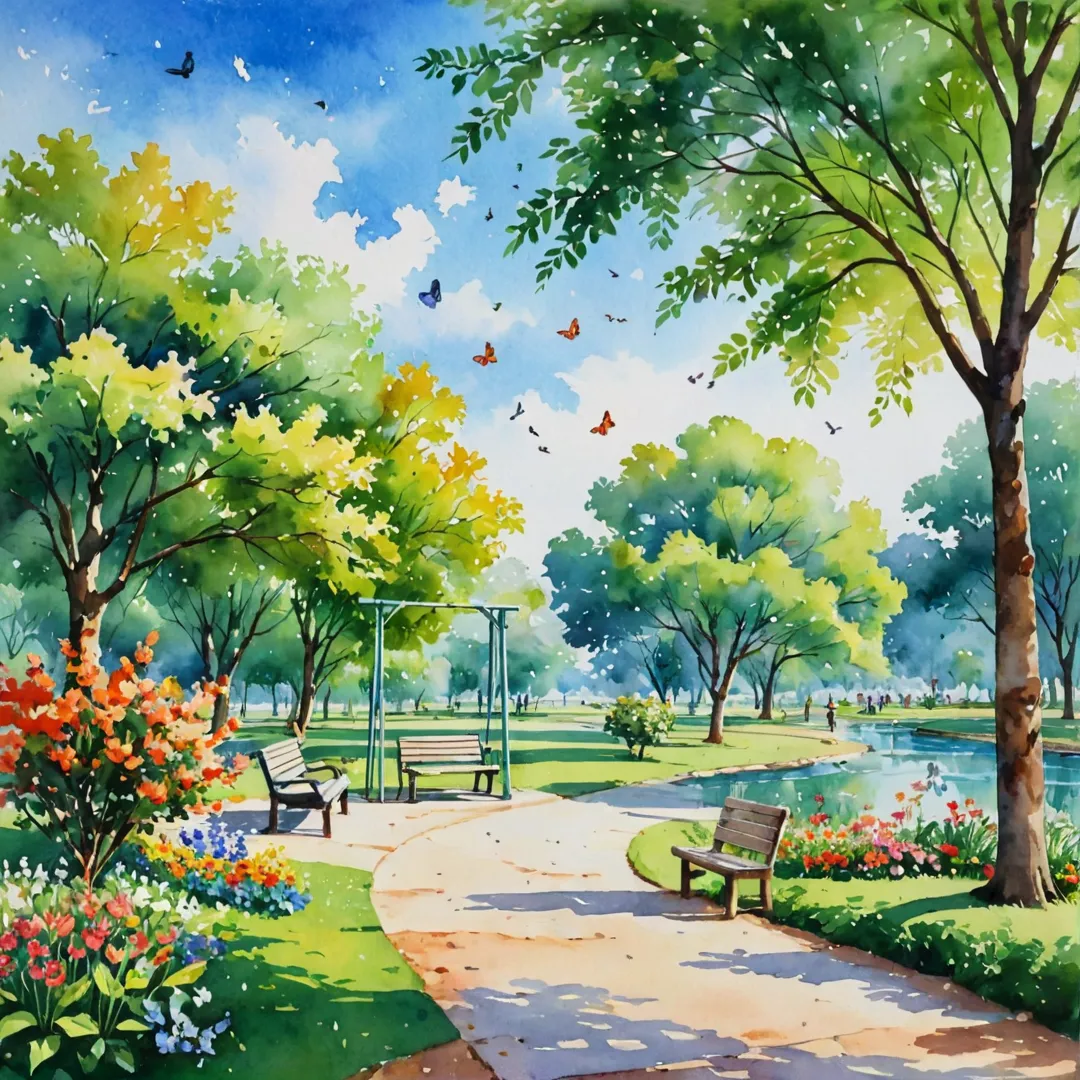 olorful park, lush greenery, walking path, bench, swing, children playing, family picnic, sunny day, blue sky, birds chirping, butterflies fluttering, flowers blooming, artistic landscape design, serene atmosphere, joyful sounds.