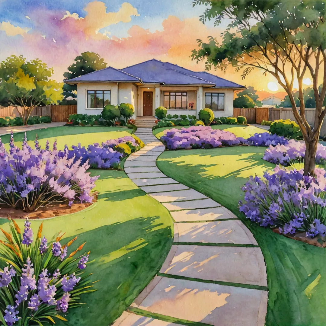 erene landscape with Jacaranda Mimosafolia trees, well-manicured grass, and a pathway leading to a modern home in the background. The sky is painted with warm sunset hues, casting a golden glow on the scenery.