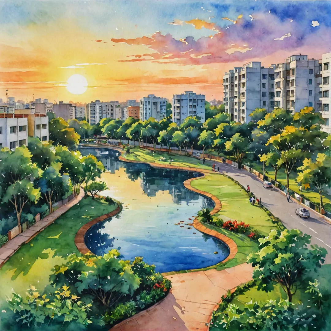 xpansive view of Bangalore East neighborhood, vibrant colors of sunset, greenery, Alita project in the background, people enjoying open spaces