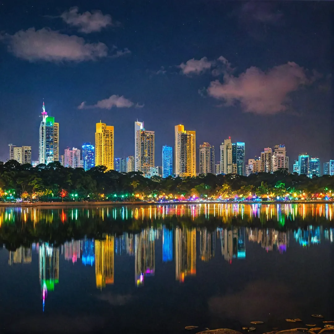 igh-resolution photo of a modern, vibrant city skyline at night, illuminated by colorful lights, reflecting off a serene lake in the foreground. The image captures the essence of Bangalore's rapid urban development and its transformation into an IT hub while still preserving natural beauty.