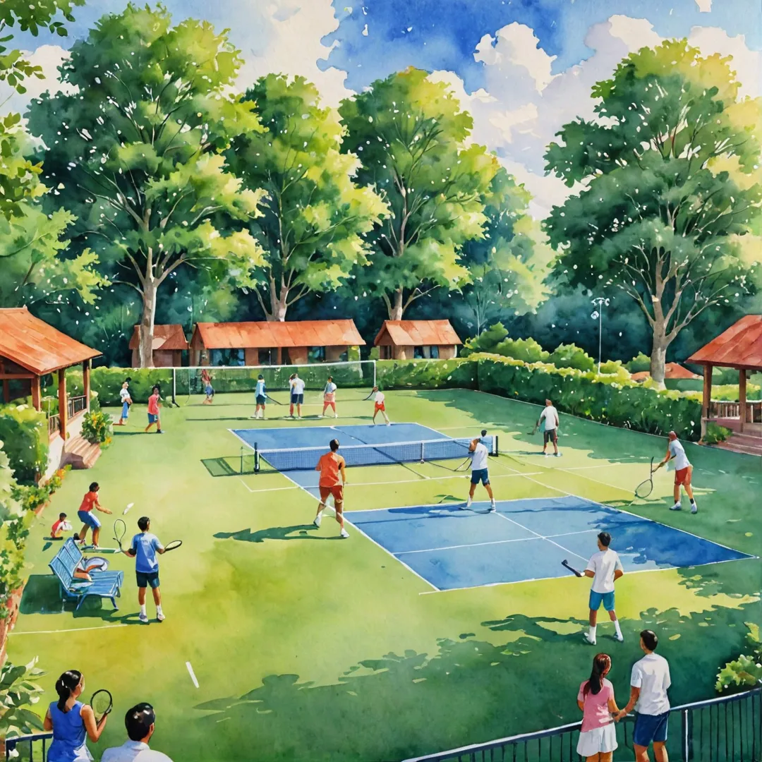 ibrant colorful watercolor painting of a sports-themed scene at Alita, showcasing active residents engaged in various activities on the well-maintained courts and grounds. The background should depict lush greenery and a sunny sky with fluffy clouds, creating an idyllic setting for the dynamic community to thrive in.