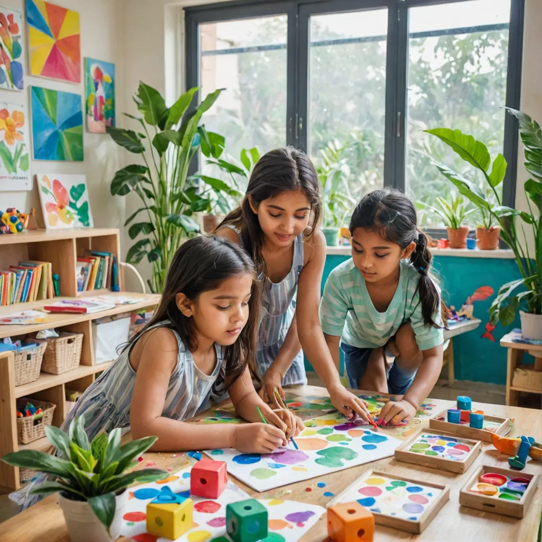 hildren playing together with colorful toys in a cozy and inviting classroom, surrounded by plants and artwork on the walls. The scene is bathed in warm light from the windows as they interact with each other and their teachers during an engaging lesson.