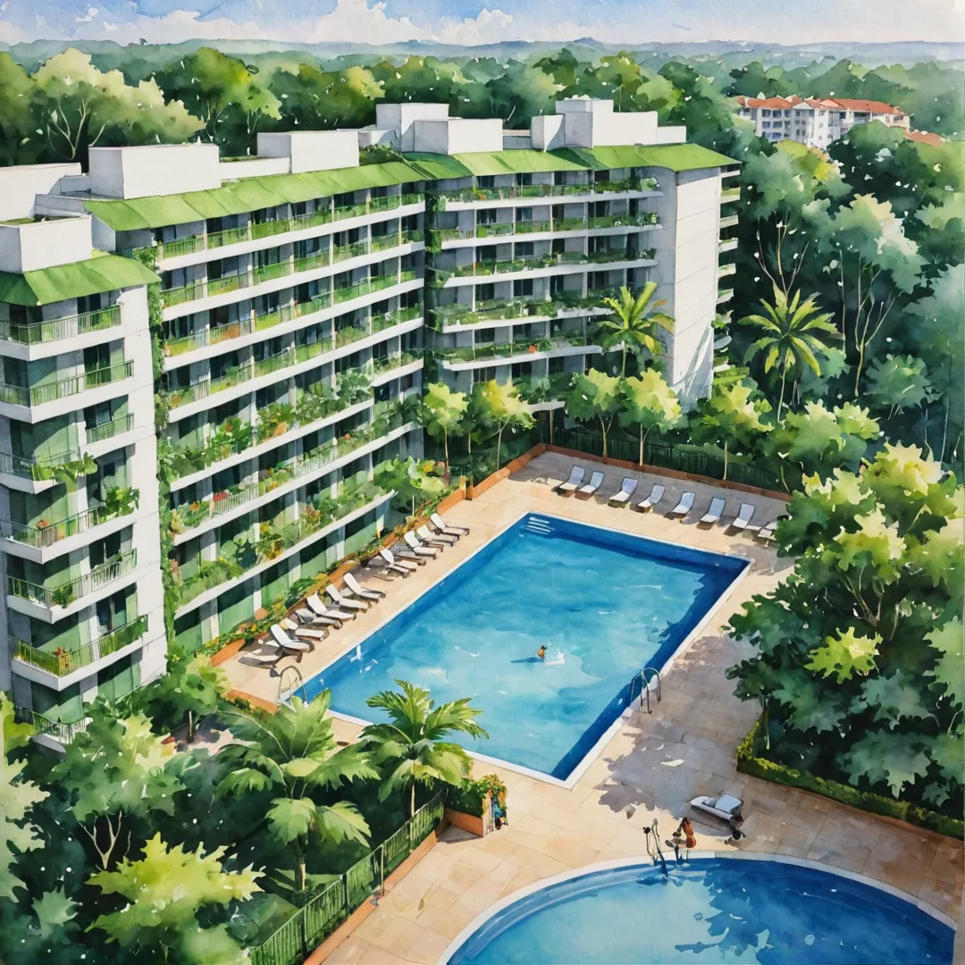 atercolor painting of a serene residential complex with vibrant community spaces, featuring a blend of affordability and purposeful design, giving residents a sense of peace and tranquility. The artwork should capture the unique charm of Alita in Kacharakanahalli, Bangalore East, highlighting its legitimacy verified by advocates and supported by relevant documents such as title deeds, encumbrance certificates, land records, and other supporting documents. The painting should showcase the lush greenery surrounding the complex and various amenities like swimming pools, gyms, and playgrounds that contribute to its peaceful ambiance.