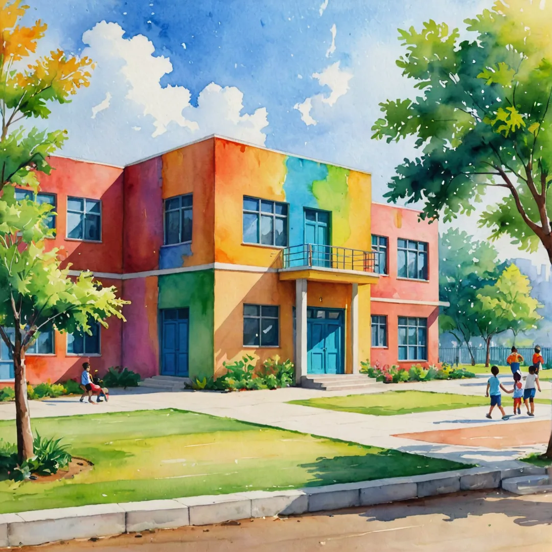 rompt: modern school building, vibrant colors, playground, children laughing, greenery, sunlight streaming in