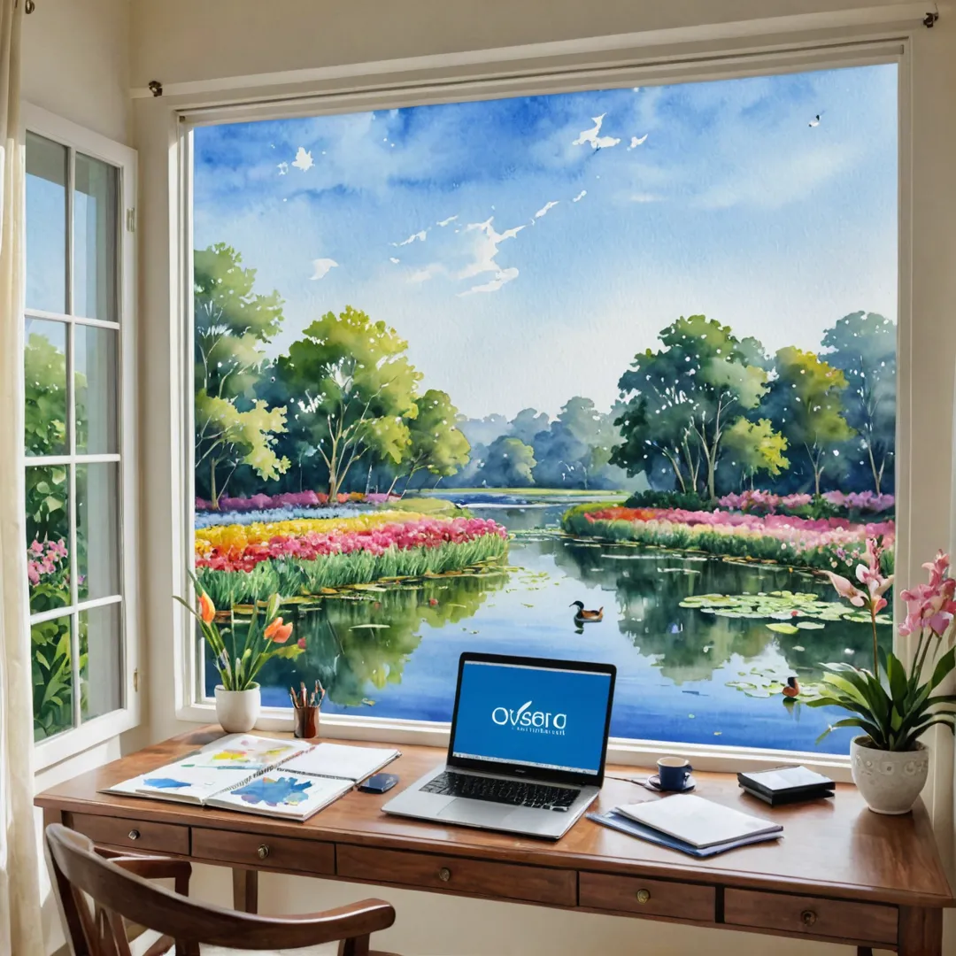 rking from home at Alita, a luxurious residential project in Kacharakanahalli, Bangalore, one can enjoy the serene beauty of nature while being productive. The watercolor painting depicts an elegant desk with a laptop and other office essentials positioned near a large window overlooking lush greenery, colorful flowers, and a clear blue sky. In the background, there is a small pond with ducks swimming gracefully. The scene radiates tranquility, perfect for focusing on work while feeling connected to nature.