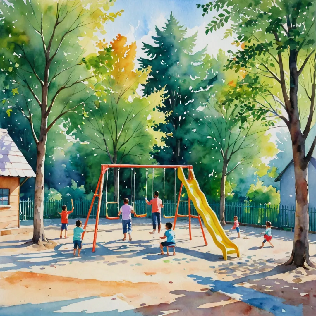 rompt:
Kids playing in a playground near their home, parents watching from distance, sunlight filtering through trees, vibrant colors of swings and slides, happy family moments.