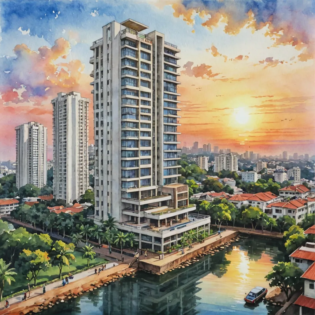 ater color painting of a luxurious Bangalore East neighborhood, showcasing the magnificent Alita property in the foreground. The building stands tall against a breathtaking sunset sky, its modern architecture and sleek design contrasting beautifully with the vibrant hues of the setting sun. In the background, people can be seen going about their daily lives, adding a sense of liveliness to the scene. The focal point is the RERA and Khata department offices in the distance, representing the importance of obtaining NOCs for Alita's successful establishment.