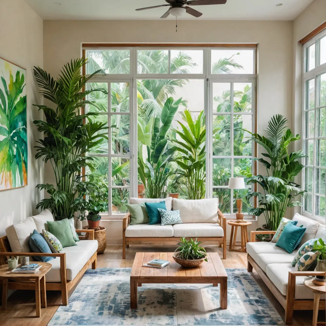 co-friendly living room with large windows, green plants, wooden furniture, and natural light.