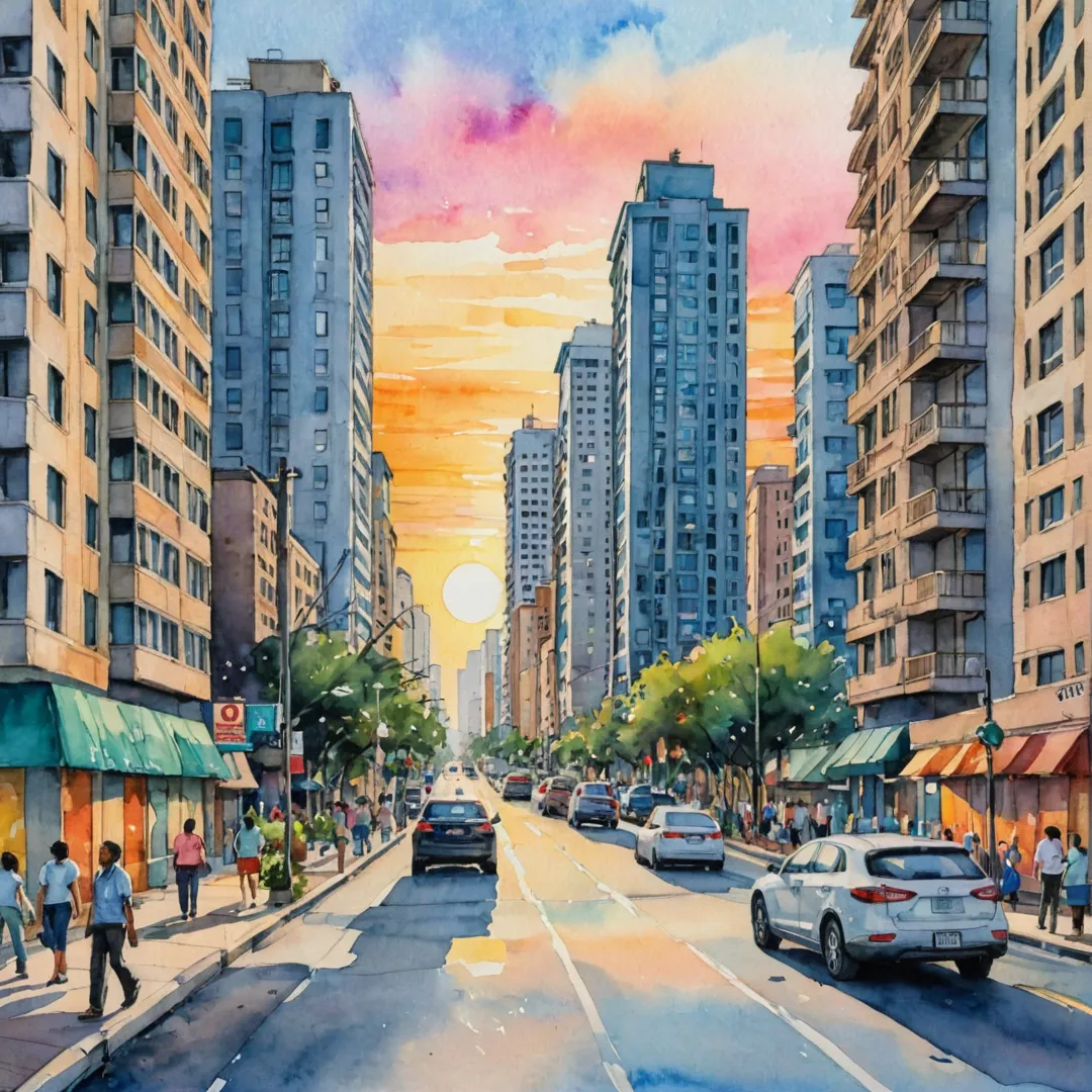 usy street, office buildings, sidewalks, people walking, cars driving, Alita signage, high-rise apartments in background, sunset colors, balanced life