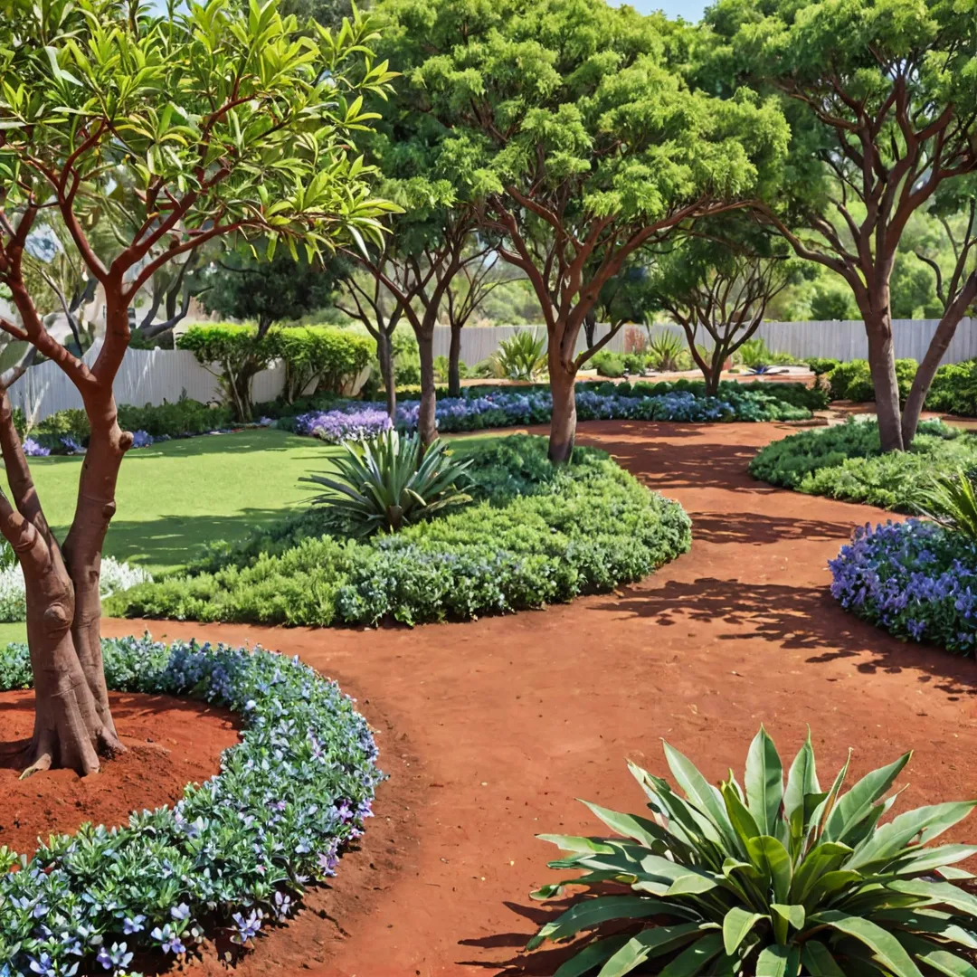 ender of flora-friendly red soil landscape with various plants and trees, including Jacaranda Mimosafolia, Tree-Mimusops Elengi, Albizia Lebbeck, Lagerstroemia Speciosa. The image captures a well-maintained garden with a calming atmosphere, highlighting Alita's commitment to sustainability and green living.