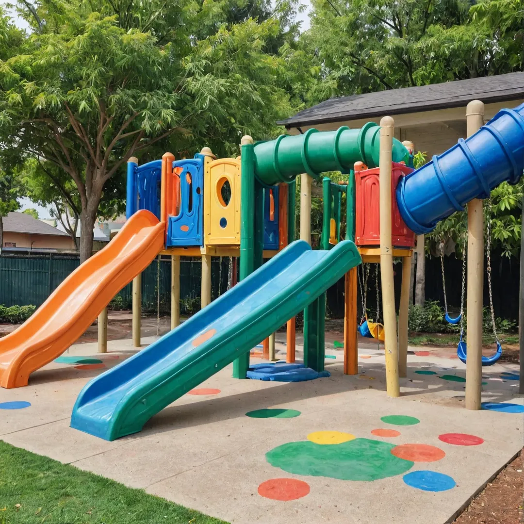 layful toddlers, colorful playground, soft surfaces, climbing wall, slides, swings, parents watching, outdoor environment, community spirit, safety, fun, giggles, learning through play