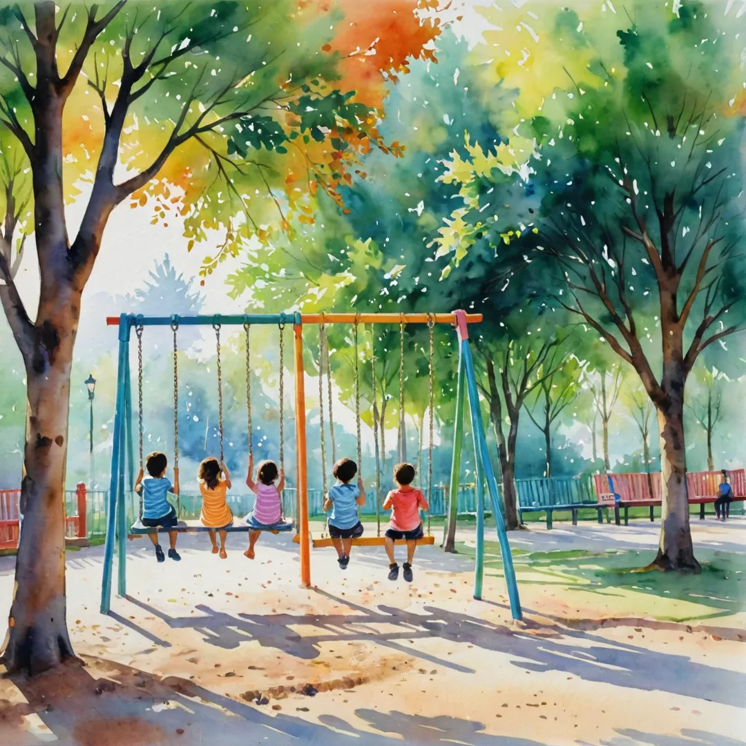 oyful children playing on swings in a colorful playground, parents watching from nearby benches, sunlight streaming through trees, watercolor painting style.