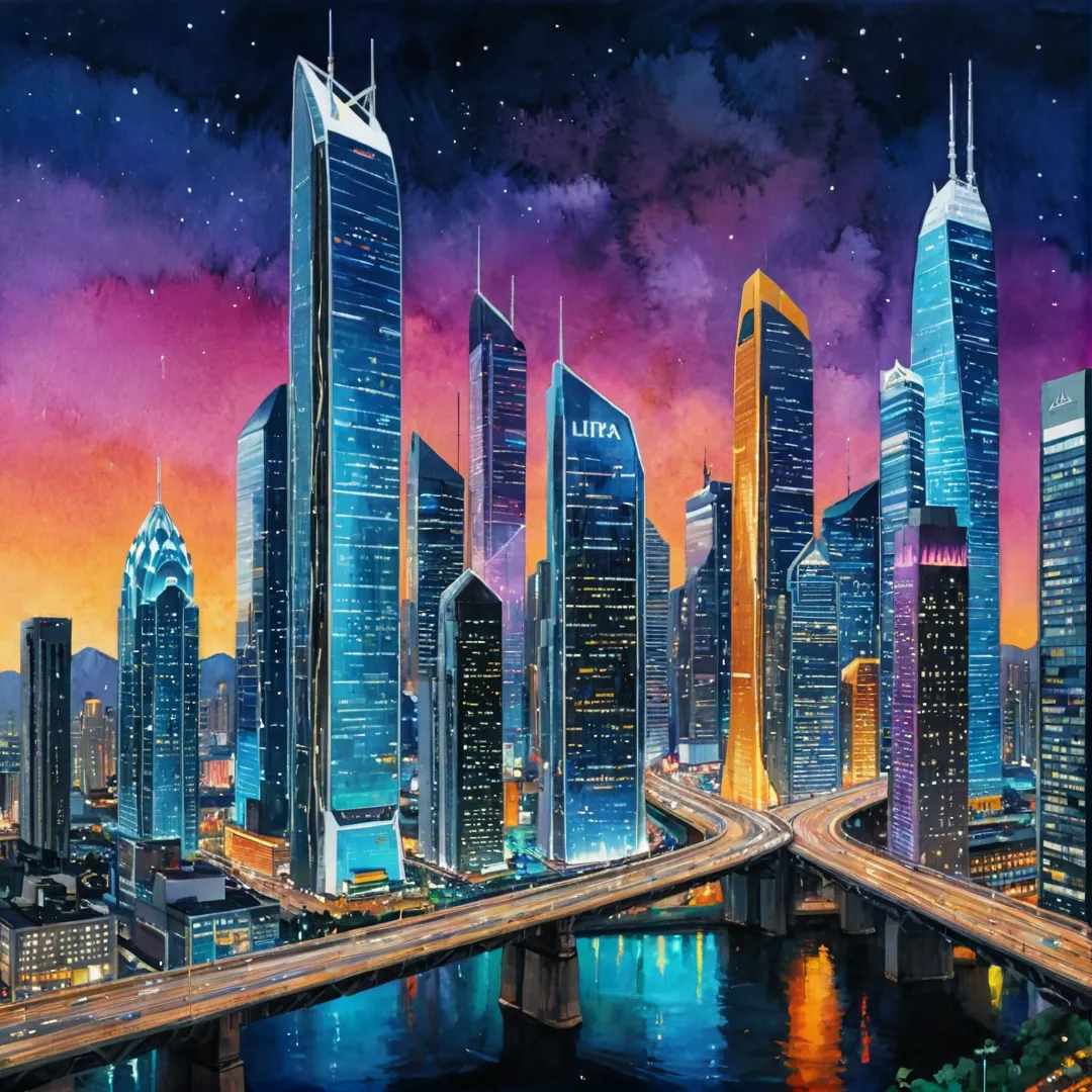 ighly detailed image of a modern cityscape, including skyscrapers and bridges, lit up at night with vibrant colors. The skyline should feature the Alita logo prominently, reflecting its status as a technologically advanced and innovative location. The image should convey a sense of energy, movement, and progress, capturing the essence of the bustling metropolis that is Alita.