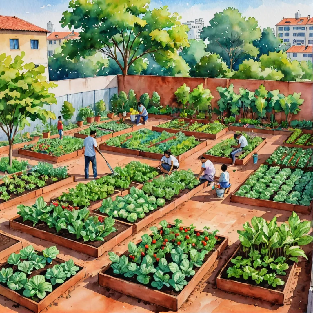 ommunity garden with organic vegetables and fruits, red soil, rainwater harvesting pits, green oasis in a bustling city, sustainable living, vibrant flowers, people working together, modern architecture blending with nature