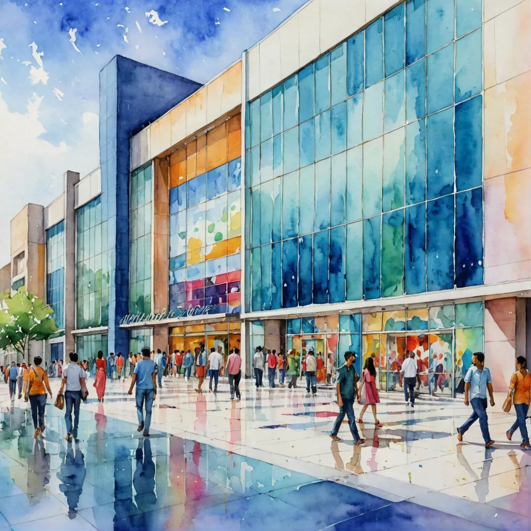 hopping mall exterior, modern architecture, glass facade, vibrant colors, people walking, bustling atmosphere.