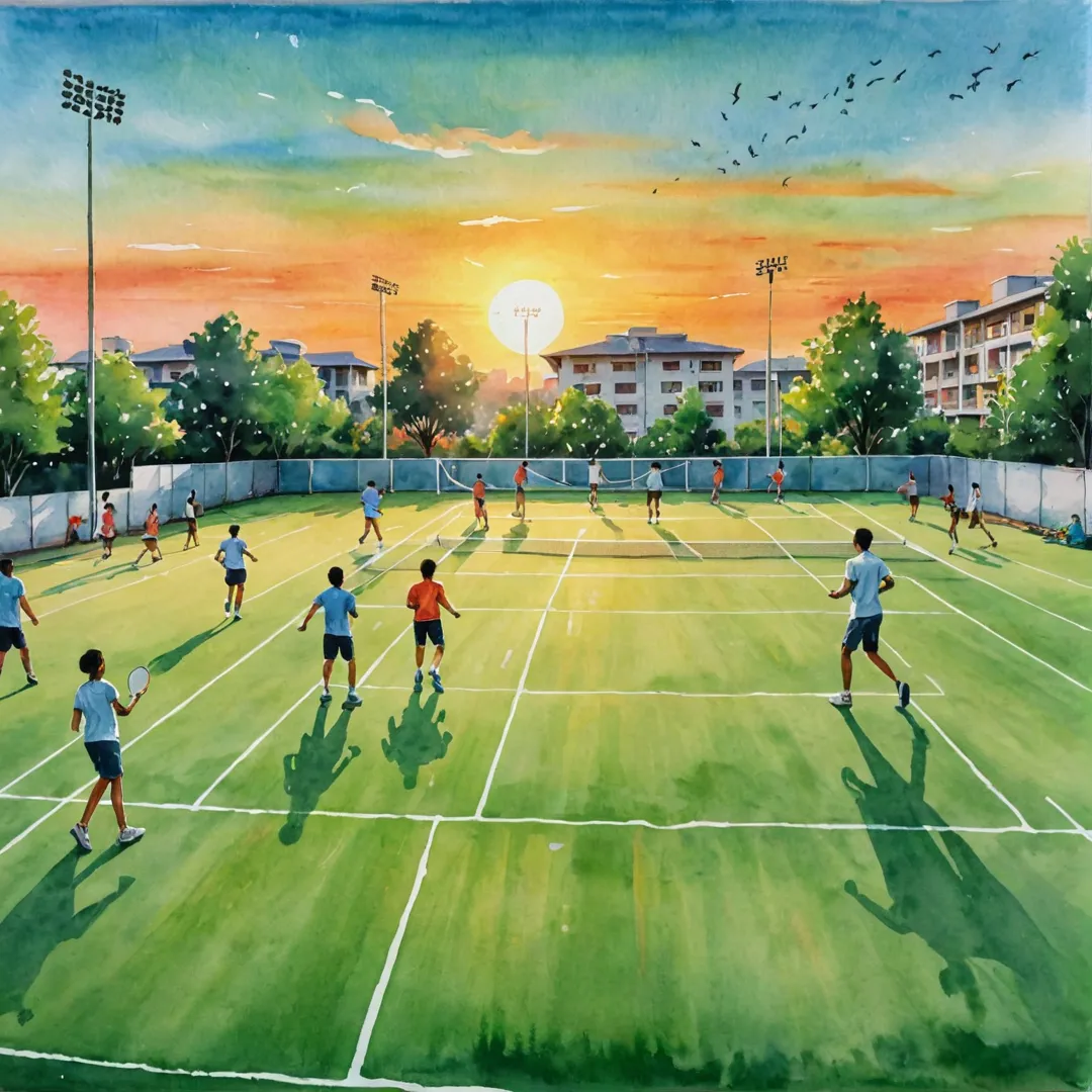 atercolor painting of a vibrant sports complex, with residents engaging in various activities such as badminton, basketball, cricket, and running. The scene captures the spirit of community and wellness at Alita, showcasing lush green grounds, colorful sports equipment, and friendly faces under a warm sunset sky.