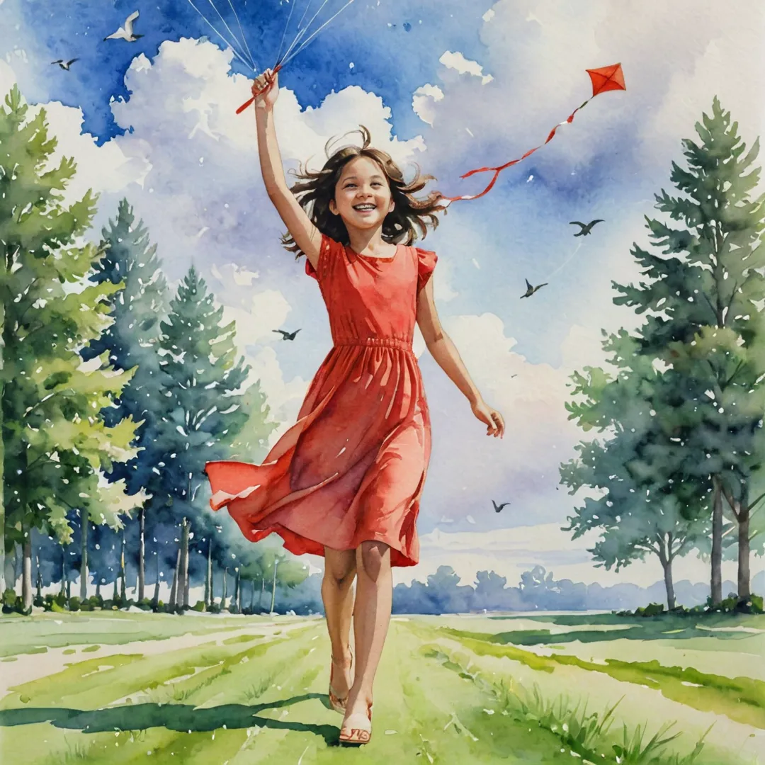 atercolor painting of a lush green field with tall trees, birds chirping in the background. A young girl wearing a bright red dress runs towards the viewer, laughing joyfully as she holds onto her kite string. The kite soars high above her, its tail dancing in the breeze. The sun peeks out from behind a fluffy cloud, casting warm light on the scene.