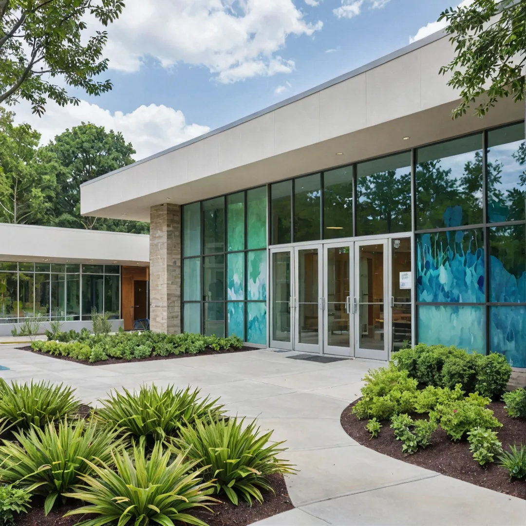 rompt:
Healthcare facility exterior, modern design, glass walls, greenery surrounding, inviting atmosphere, open concept, signage indicating services available.