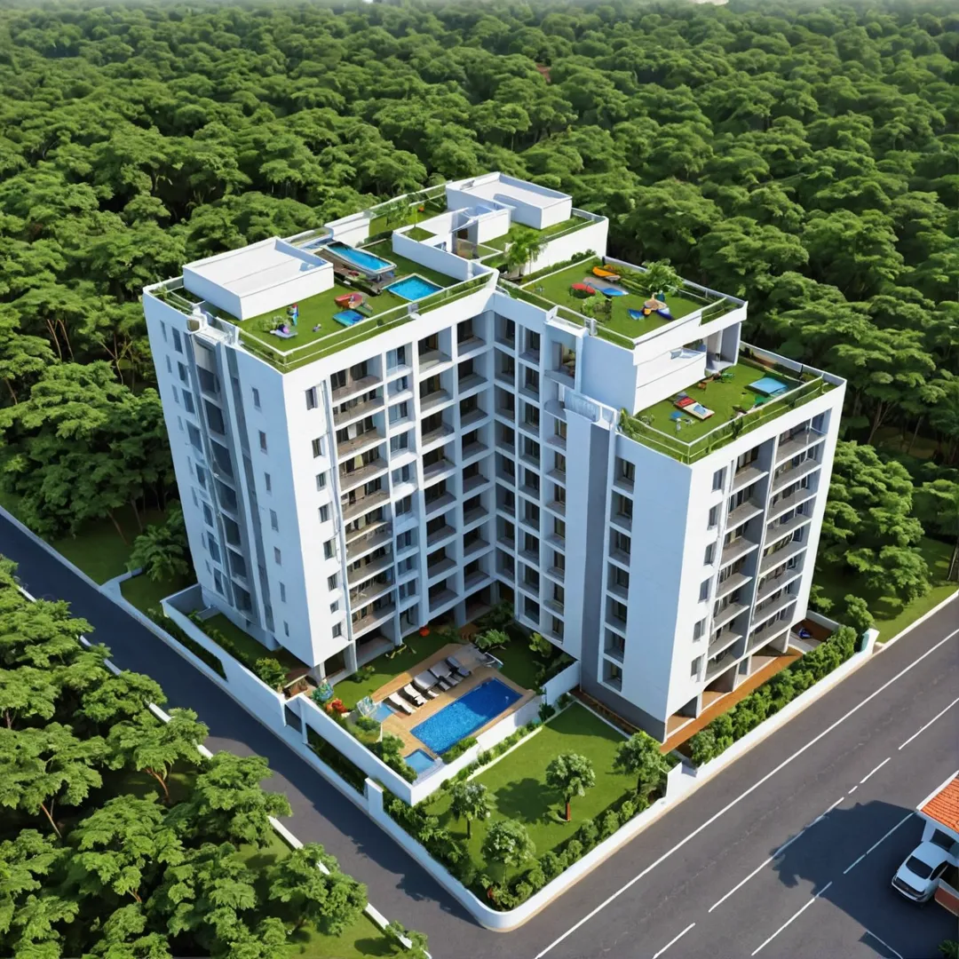 igh-quality rendering of a residential building in the heart of Bangalore East, surrounded by greenery and modern infrastructure. The image showcases an aerial view of Alita, featuring sleek architecture, spacious balconies, and well-maintained grounds. In the distance, one can see the Satellite Town Ring Road and other major transportation hubs, indicating the convenience and connectivity offered by this prime location. The image captures the essence of a vibrant community living in harmony with nature and technology.