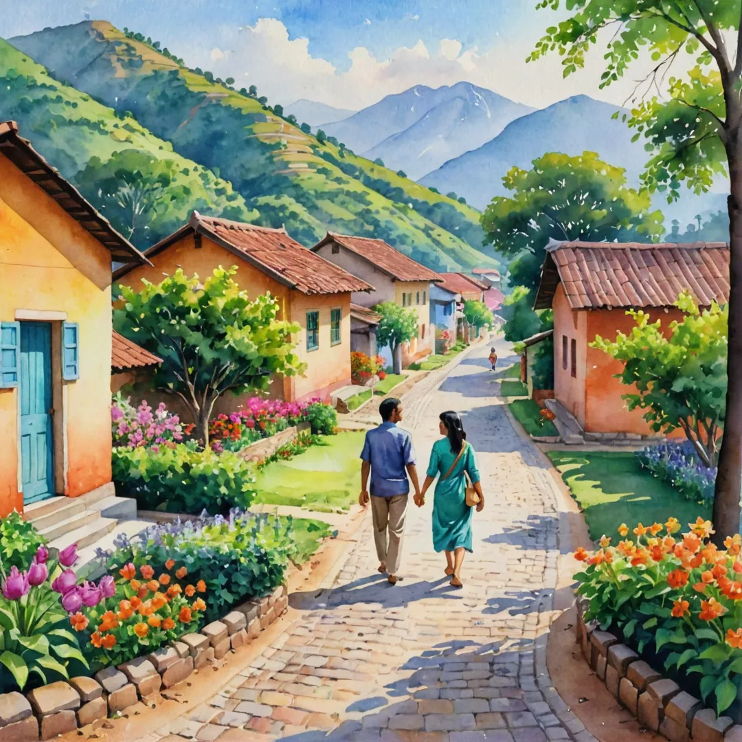 eautiful watercolor painting of Alita, a vibrant town nestled in Kacharakanahalli. The picture captures the serene beauty of nature with lush greenery and colorful flowers surrounding the village. In the background, a picturesque mountain range stretches out, adding to the idyllic setting. A warm sun casts its light upon Alita, creating soft shadows on the cobblestone streets. Two friendly villagers are seen conversing as they walk past colorful houses with blooming gardens. The image evokes a sense of contentment and harmony in this peaceful haven near emergency healthcare facilities.