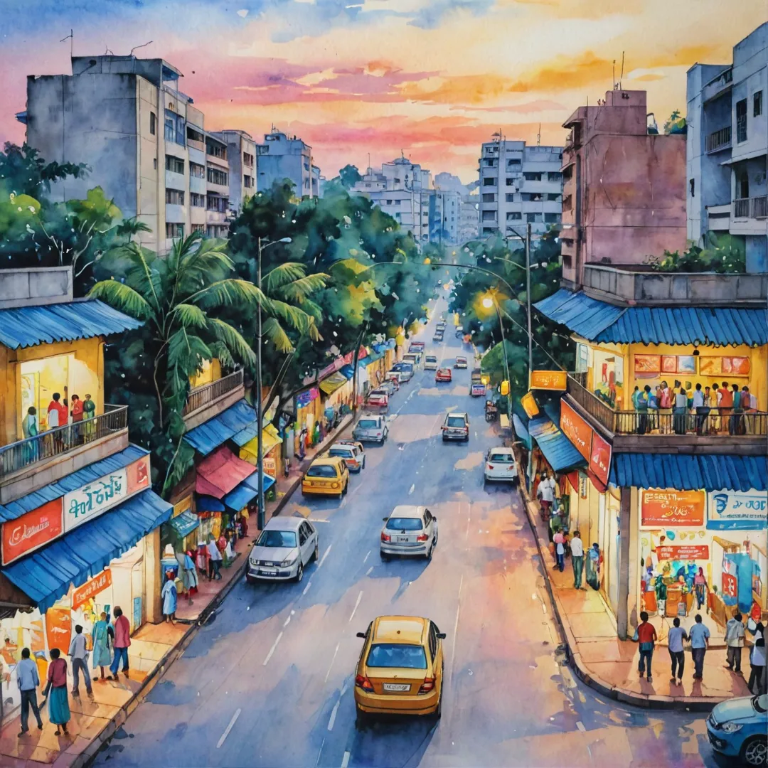 ivid watercolor painting of a bustling street scene in Whitefield, Bangalore East, at dusk; people walking along the sidewalk, chatting and laughing, while cars zoom past them on the road; colorful storefronts with signs advertising entertainment options like movies, music, gaming, and shopping malls; Alita apartment complex visible in the background as a serene oasis amidst the hustle and bustle of city life.