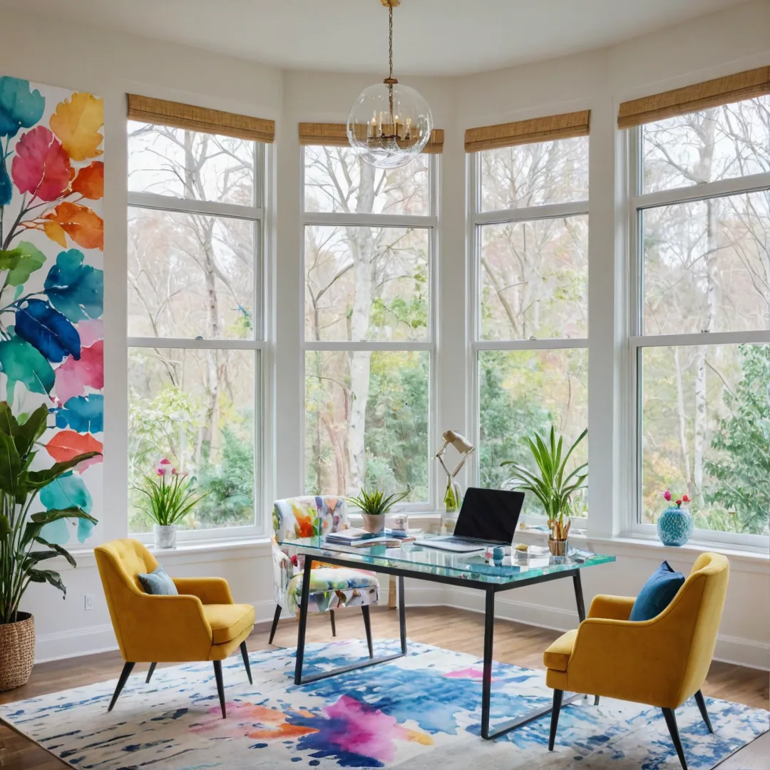 ibrant home office with modern furniture, watercolor painting of nature scenes on walls, colorful accents, natural light streaming through windows, cozy seating areas for breaks or meetings, serene environment for productivity.