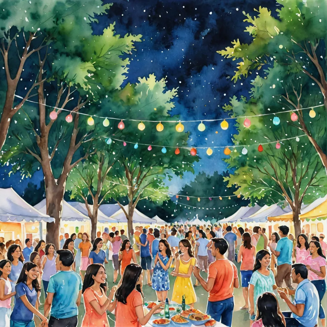 atercolor painting of a colorful community event, vibrant and lively atmosphere, people laughing and chatting under the stars, warm summer breeze, twinkle lights strung across trees, outdoor party with delicious food, friends dancing together, children playing games, joyful moment capturing the essence of Alita's community spirit.