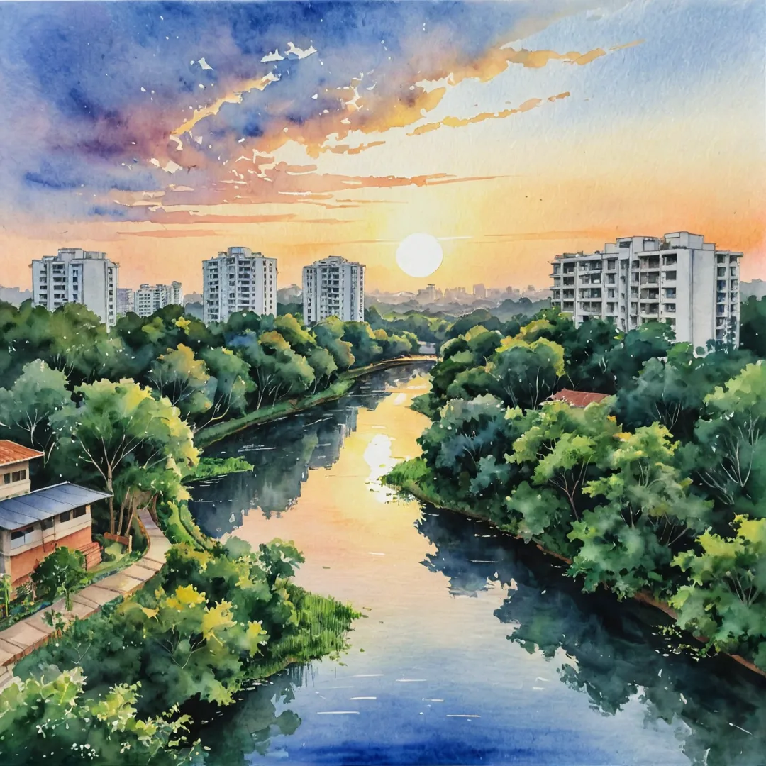 atercolor painting of a serene sunset over East Bangalore, highlighting the lush greenery and modern architecture of Alita in the foreground. The image captures the essence of the area's rapid development while maintaining its natural beauty, with a sense of peace and tranquility permeating the scene.