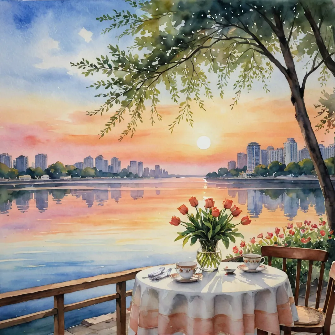 atercolor painting of a serene sunset, with warm orange and pink hues filling the sky. Trees swaying gently in the distance, creating a sense of tranquility. A beautifully crafted wooden table is positioned near the lakefront, adorned with a vase of fresh flowers and an elegant teacup set. The tablecloth billows gently in the breeze as if inviting someone to sit down for an intimate moment. In the background, the silhouettes of tall buildings can be seen against the fading sunlight, symbolizing the nearby workspaces and the harmonious relationship they share with Alita's serene residential area.