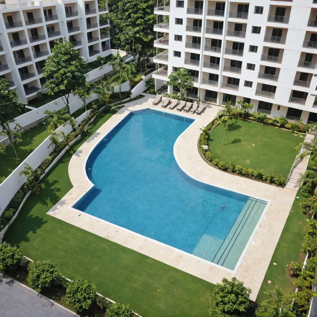 odern residential complex, open spaces, swimming pool, badminton court, clubhouse, shared workspace lounge, community engagement, relaxation area, recreational activities, outdoor seating, landscaping, natural beauty, contemporary design, urban living