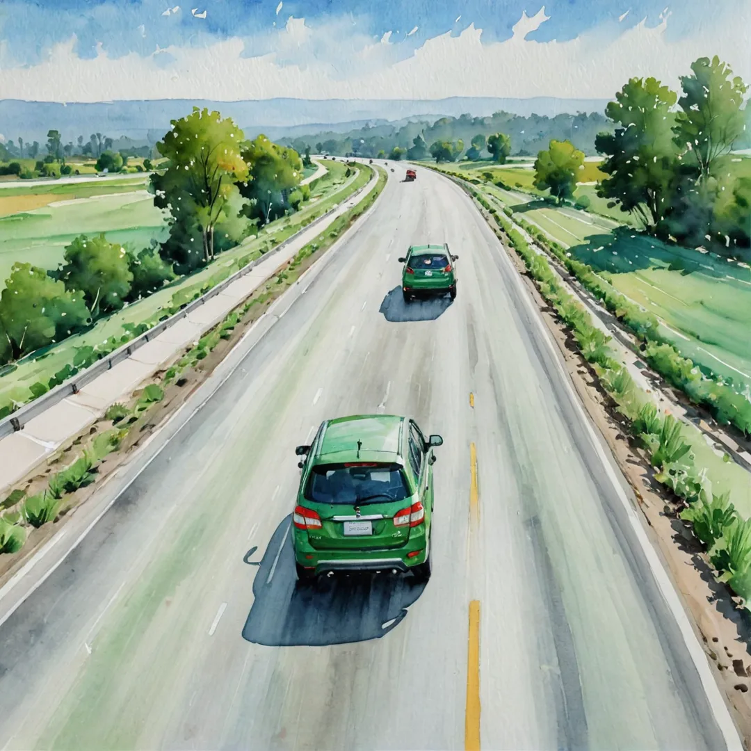 riving scene, highway, vehicles, green landscape, open road, speed, thrill