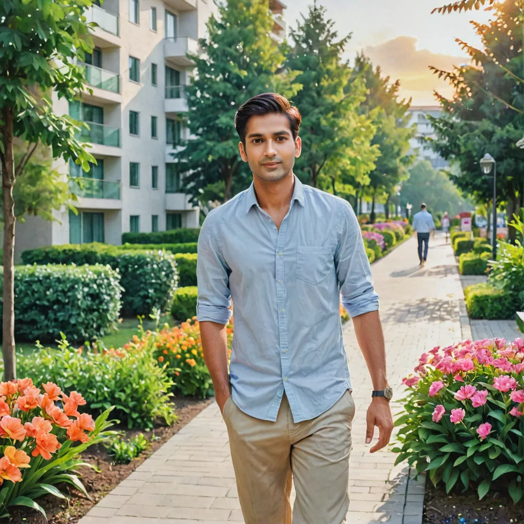 ibrant watercolor painting, modern tech worker in casual attire, walking along greenery-lined path, leading to stylish apartment complex with sleek architecture, surrounded by lush trees and colorful flowers, peaceful sunset casting warm light on the scene, harmonious blend of nature and urban living