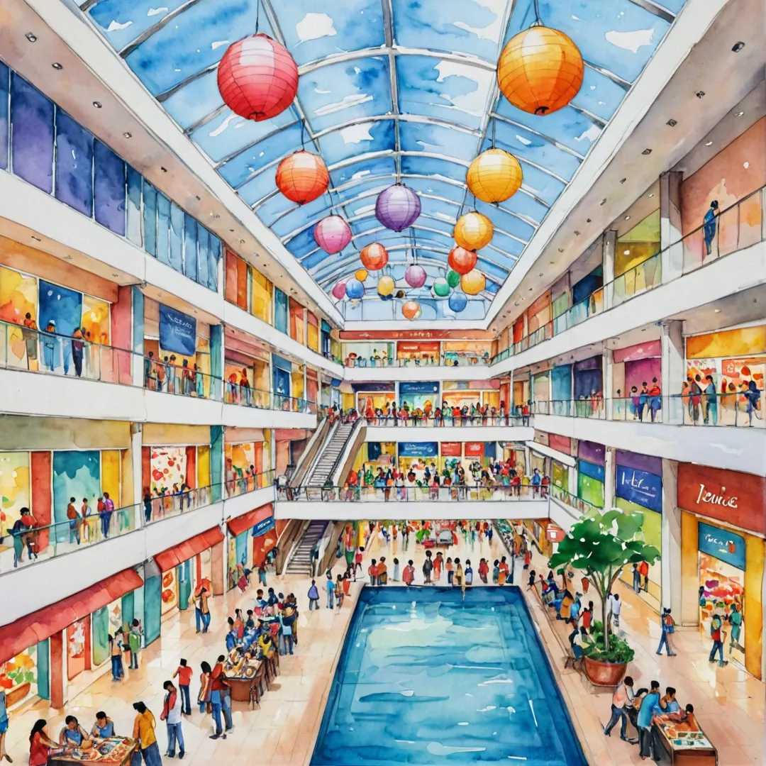 rompt: Shopping mall interior, colorful lights, busy crowd, people walking, food court with diverse cuisines, relaxing seating area, movie theater, play zone for children, high ceiling, modern architecture.