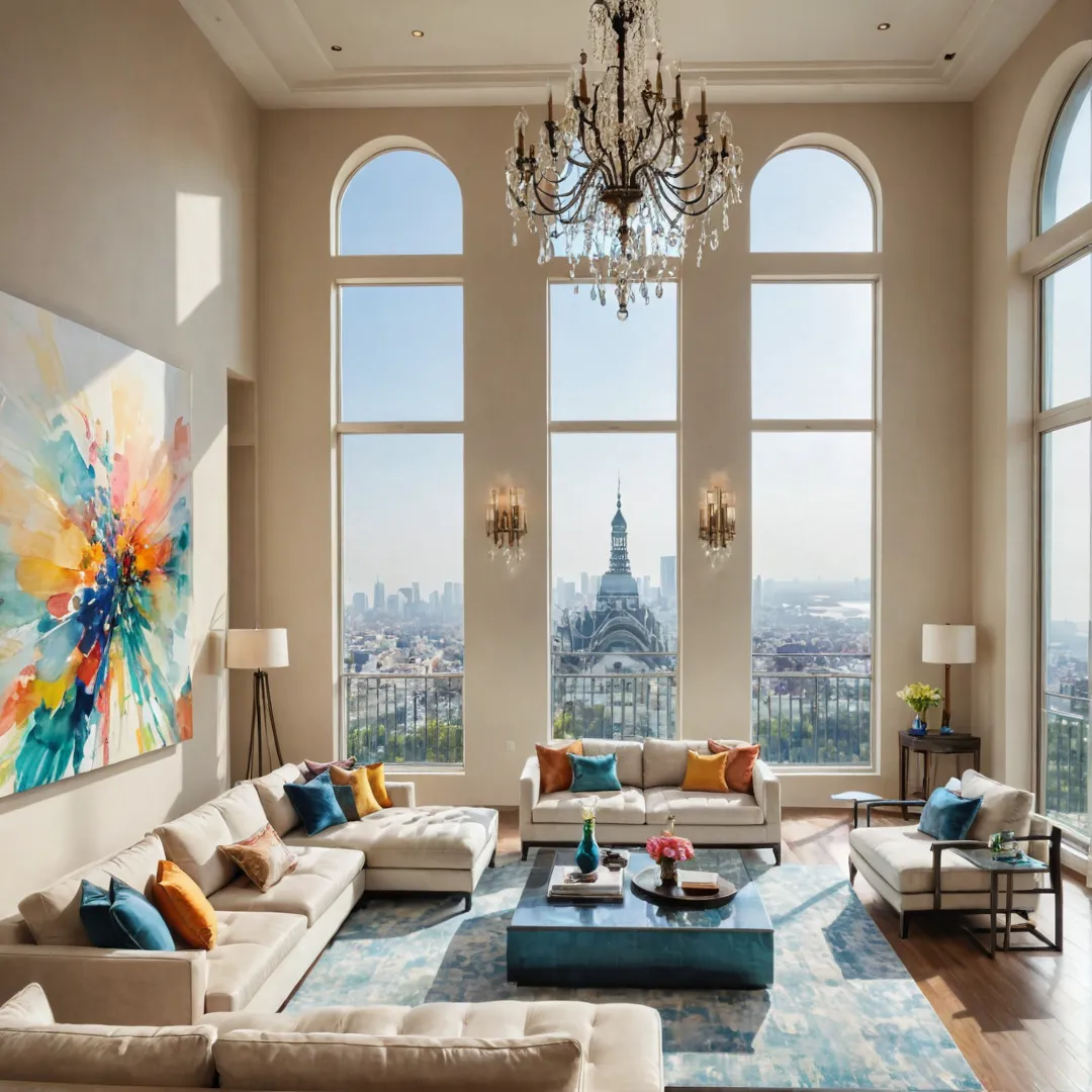 avish living room, modern furniture, large window, city view, sunlight, luxurious decor, comfortable seating, high ceiling, elegant chandelier, stylish interior design