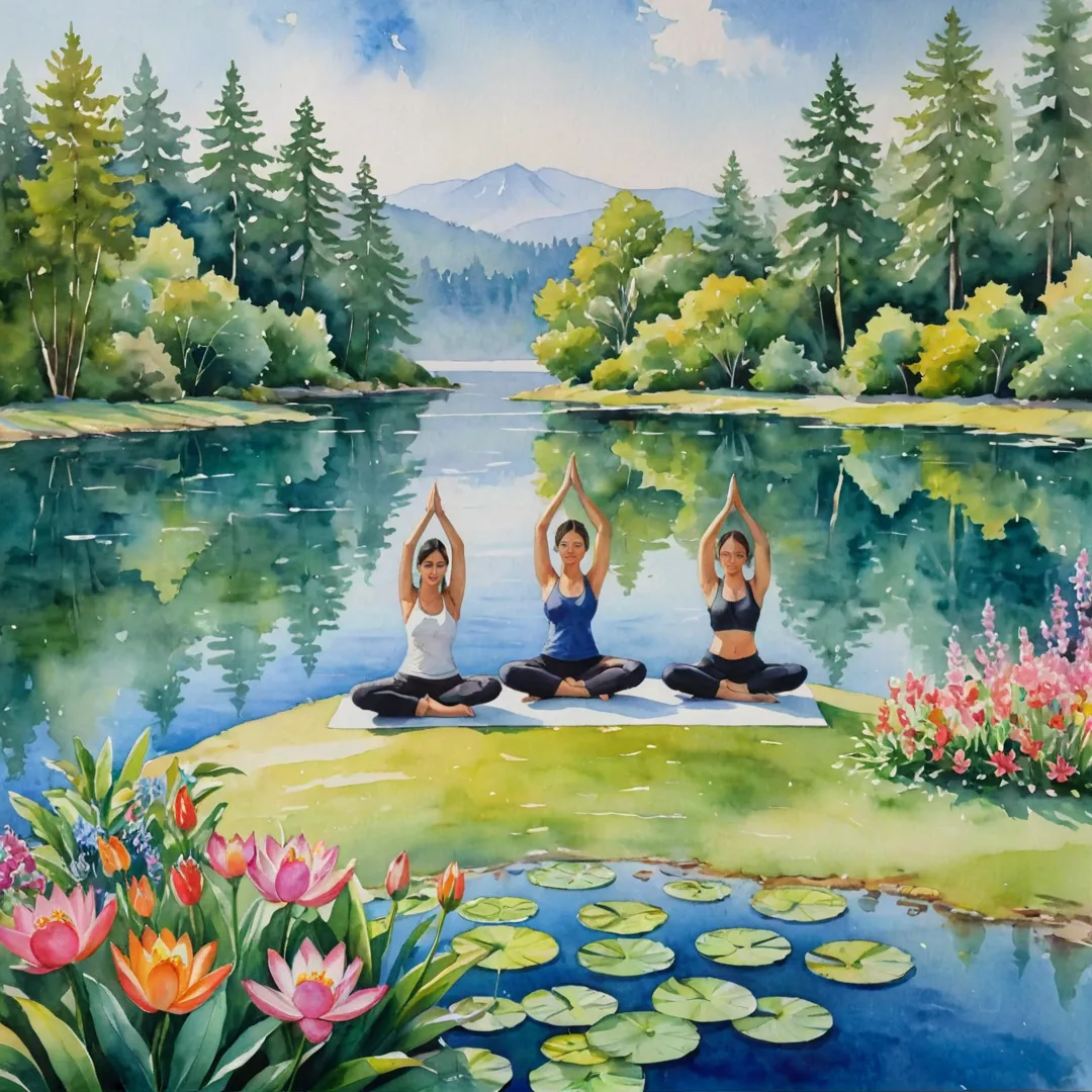 ibrant community members practicing yoga by a serene lake, surrounded by lush greenery and colorful flowers in the background. The watercolor painting captures the essence of wellness, peace, and harmony that Alita embodies.