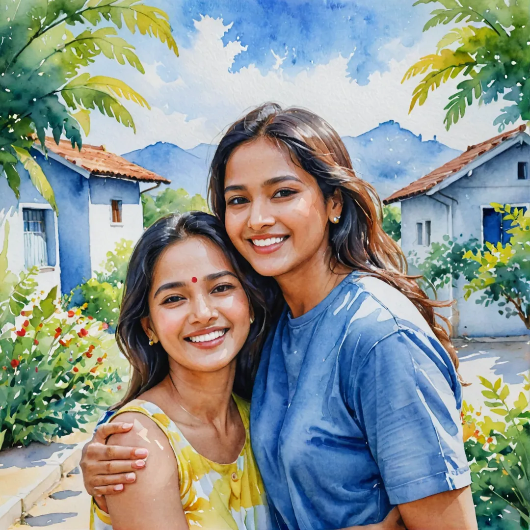 eople: 2
Style: Watercolor painting
Keywords: joyful, blissful, harmonious, community, togetherness, neighbors, sharing, greenery, blue sky, colorful, serene, relaxed, friendly