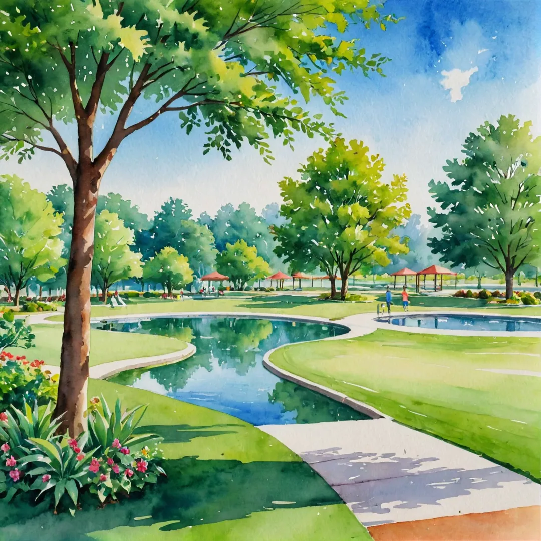 ibrant, green, watercolor, painting, serene, landscape, peaceful, lush, blissful, happiness, joy, outdoor, sunny, colorful, harmony, tranquil, Alita Sports Complex, residents, community, sports complex, wellness, activities, friends, family, bonding