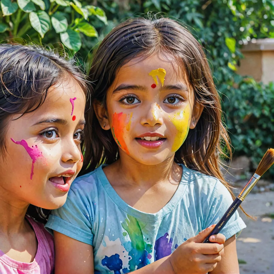 hildren playing with colors, watercolor painting, outdoor activity, vibrant hues, joyful expressions, Alita neighborhood