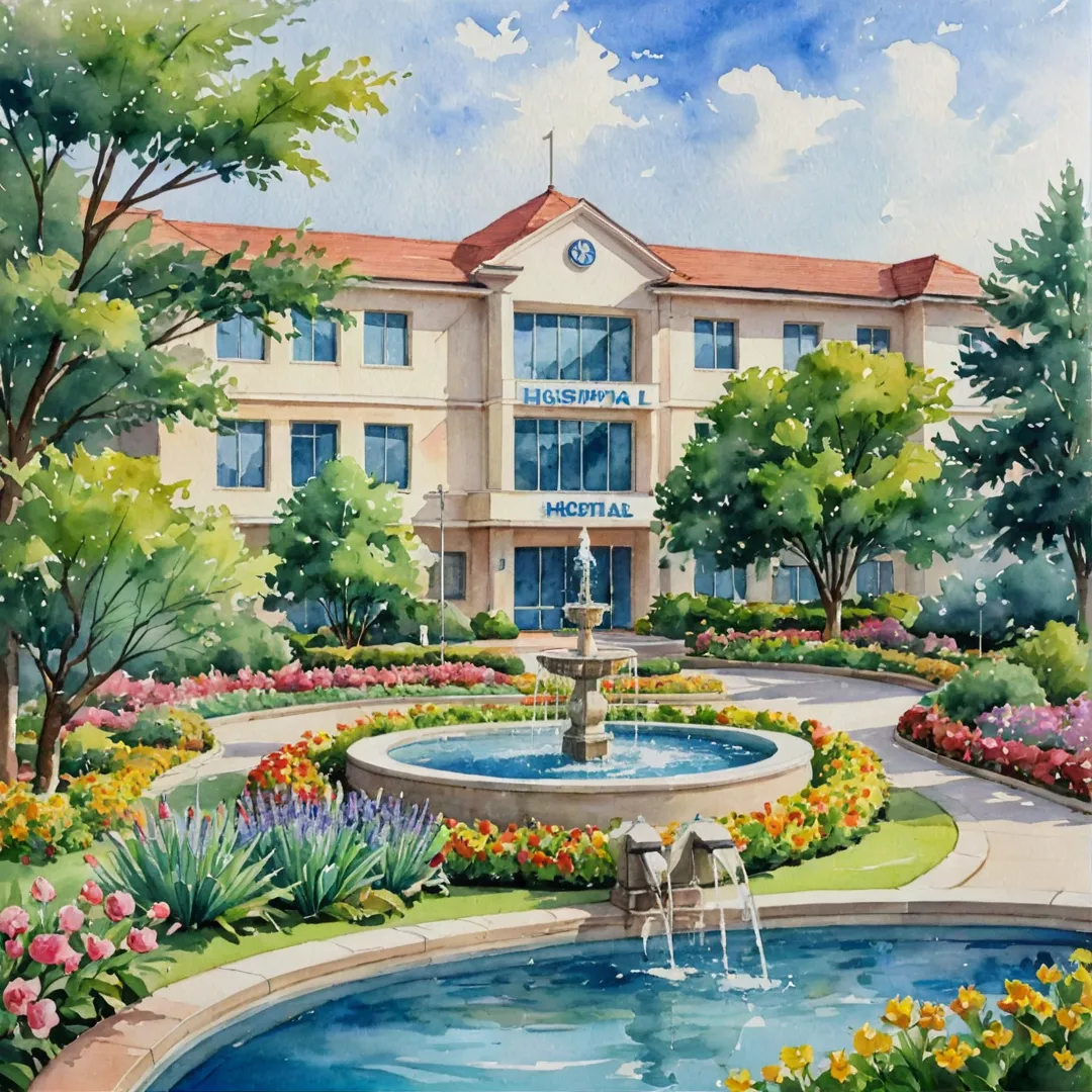 atercolor painting of a serene hospital scene, with a beautiful garden and fountain in the foreground. The hospital building is painted in soft colors, blending into the background. The image captures the essence of convenience and accessibility to healthcare services at Alita, where top hospitals and clinics are situated close by, providing quality medical care with ease.