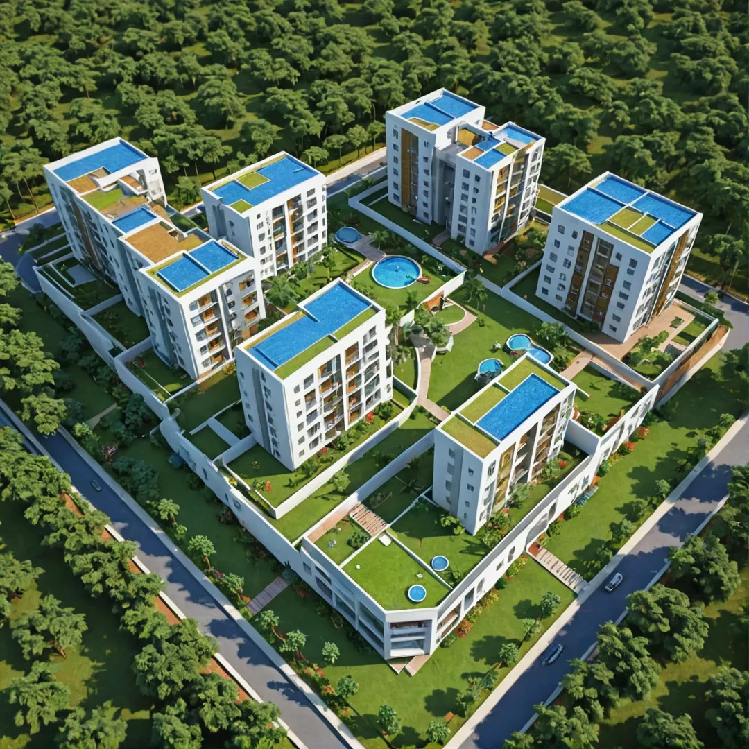 igh-quality render of a residential complex in Bangalore, India with modern architecture and well-designed water supply and sanitary systems. The image should showcase the integration of sustainable practices such as rainwater harvesting and permeable surfaces, promoting responsible development in the city. The residents can be seen enjoying their community living spaces, highlighting the harmony between eco-conscious design and comfortable living environments.