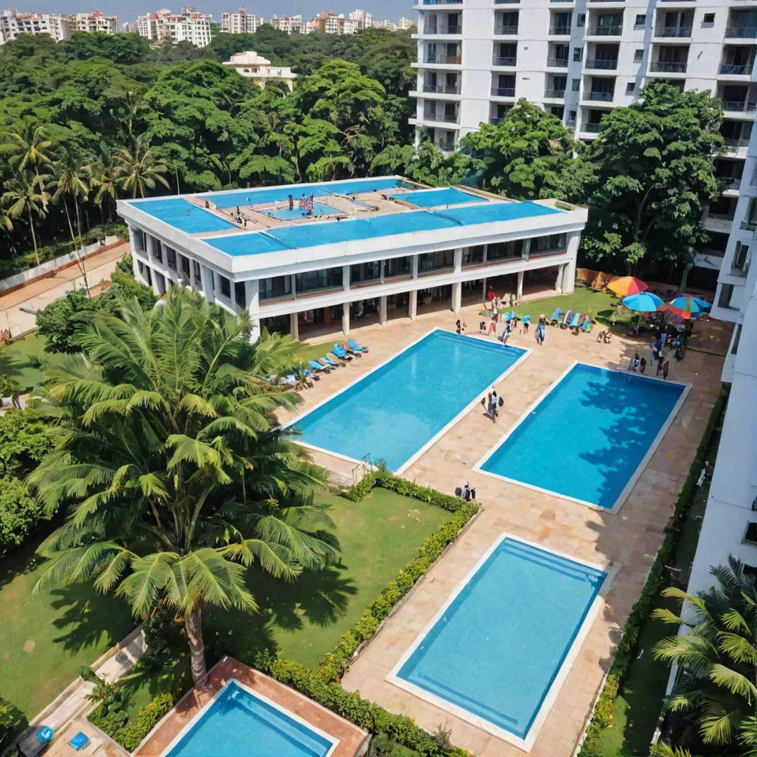 hoto of a luxurious residential building, Alita, in Bangalore East region, India. The building is surrounded by lush greenery and modern fitness centers. In the foreground, there's an aerial yoga class taking place with people in colorful outfits performing poses on hammocks tied between trees. In the background, one can see the swimming pool and a group of people engaging in high-intensity interval training near a well-equipped gym. The sky is clear blue with some clouds adding to the serene atmosphere.