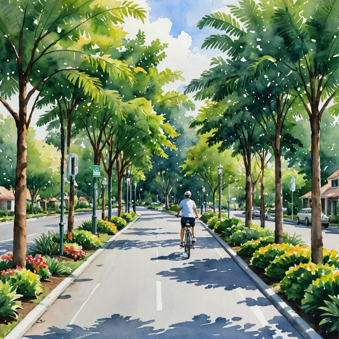 rompt: Well-designed neighborhood, traffic calming measures, pedestrian safety, green spaces, walkability, bicycle paths, outdoor activities, community interaction, lush environment, tropical plants, trees, shade, calmness, mindful driving.