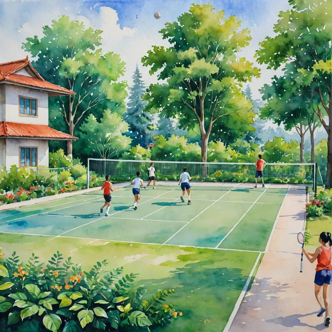 atercolor painting of a serene scene with people engaging in various sports activities, such as running, playing badminton, and basketball, amidst lush greenery. The colors are vibrant yet harmonious, reflecting the balance between active living and tranquility at Alita. In the background, there's a glimpse of a modern residential community with sustainable architecture blending seamlessly into nature.