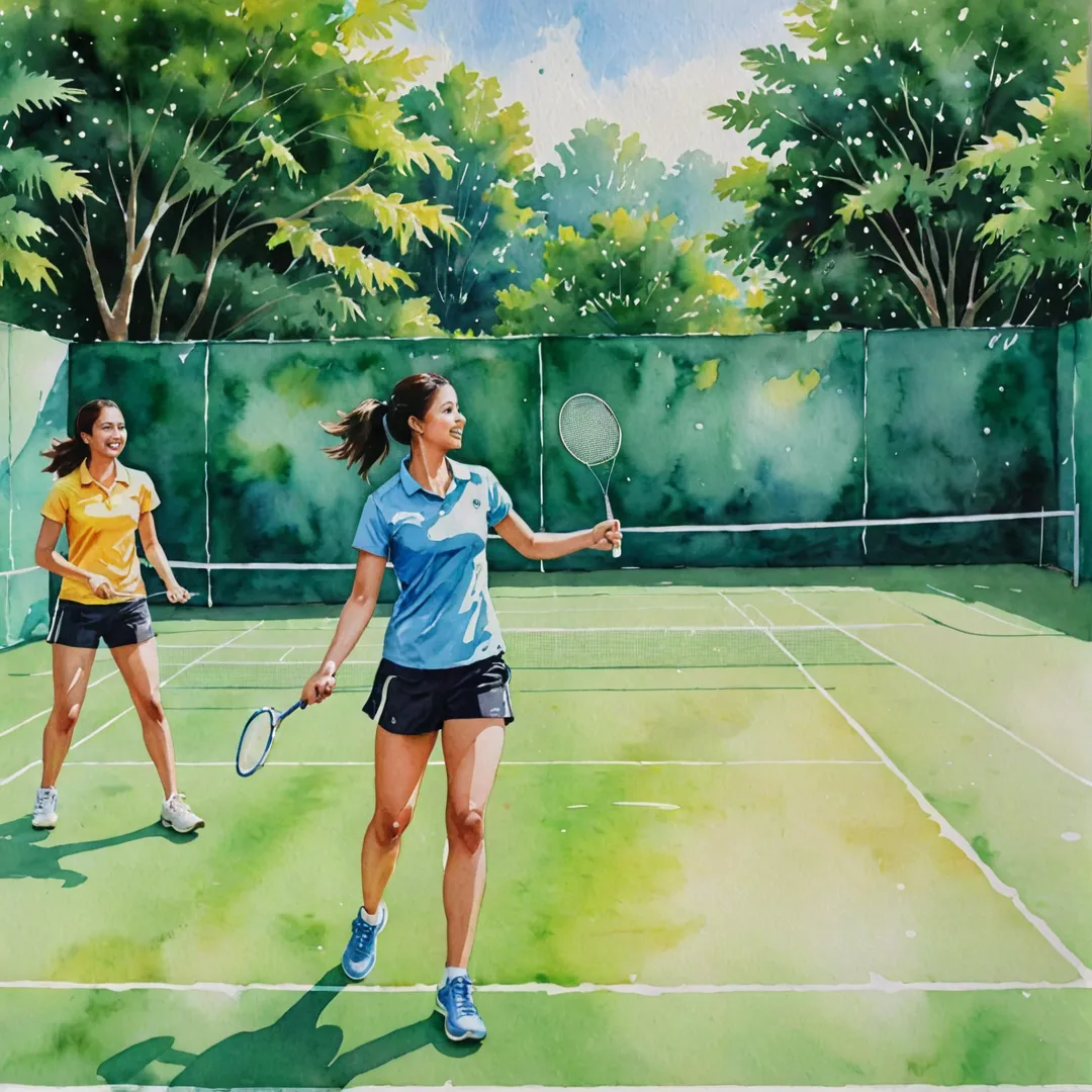 atercolor painting of a vibrant scene at Alita Sports and Recreation, depicting two individuals engaged in a friendly badminton game on their court. The colors used are bright and energetic, reflecting the enthusiasm for fitness and community engagement fostered by the facility. The court is surrounded by lush greenery, adding to the serene yet active atmosphere of the area.