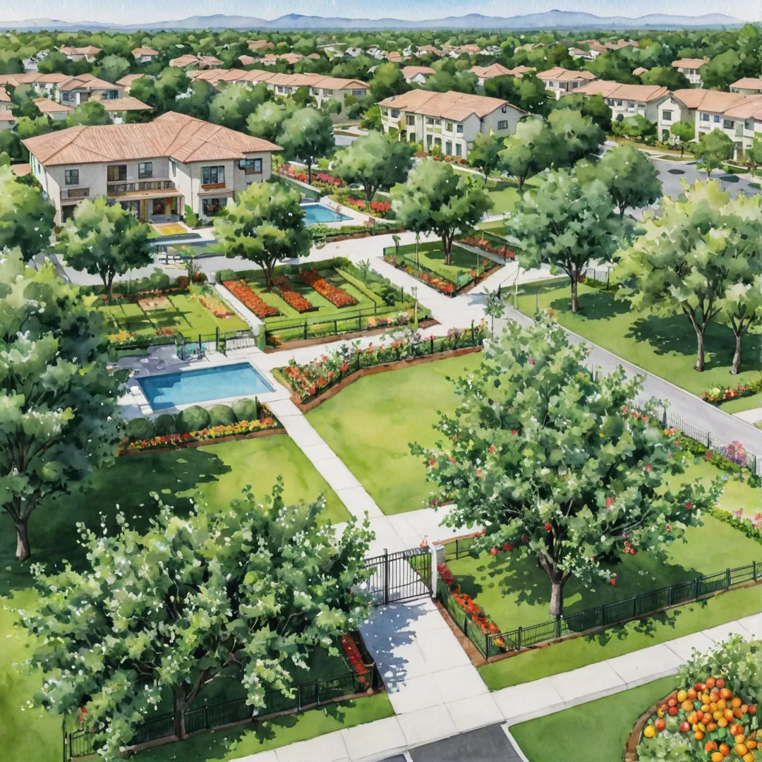 etailed rendering of an eco-friendly gated community with a fruit orchard, showcasing various fruit trees in bloom and residents enjoying the scenery.