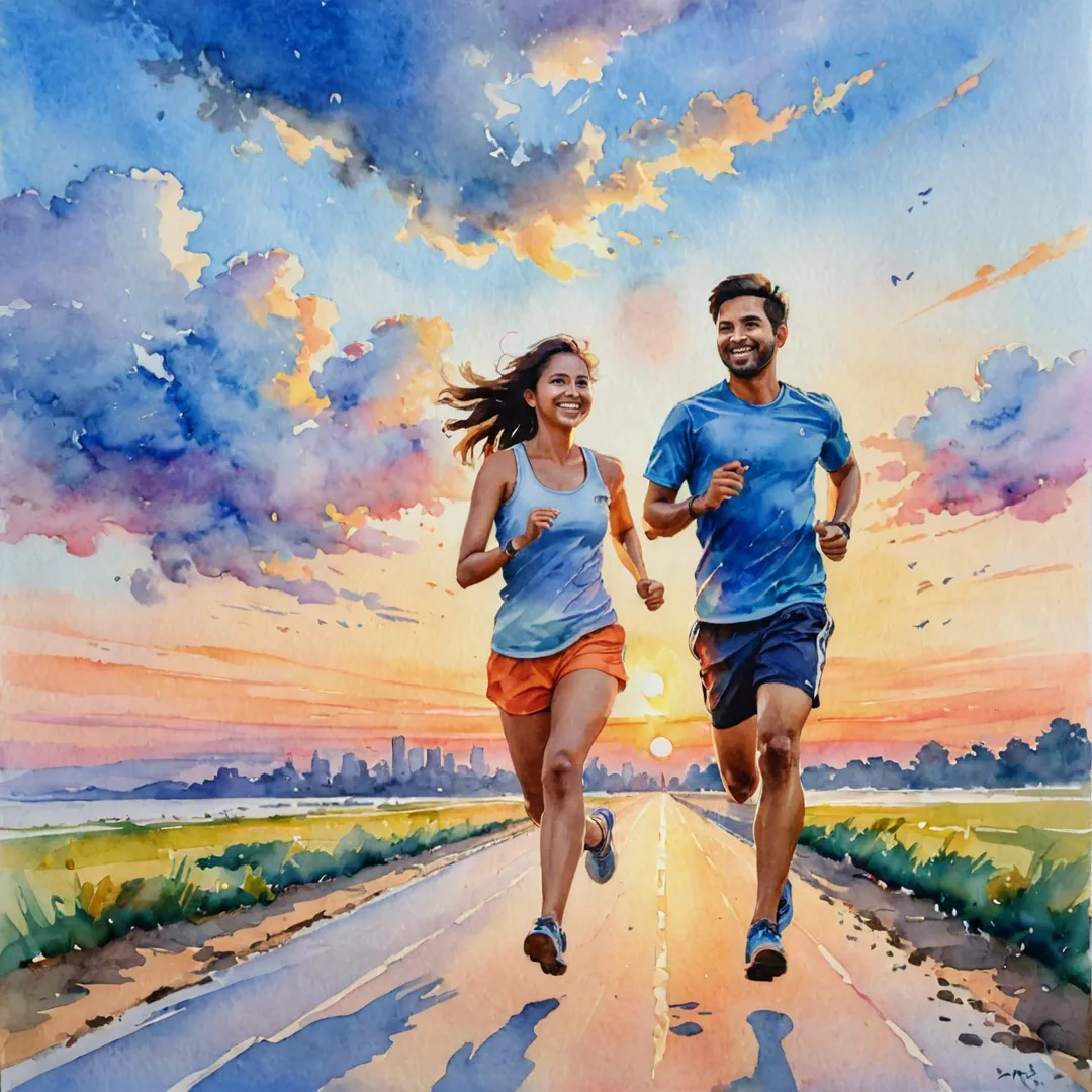 olorful, happy, watercolor, painting, sunset, sky, clouds, people, couple, playing, sports, running, smiling, togetherness, unity, connection, teamwork, active, lifestyle, vibrant, joyous